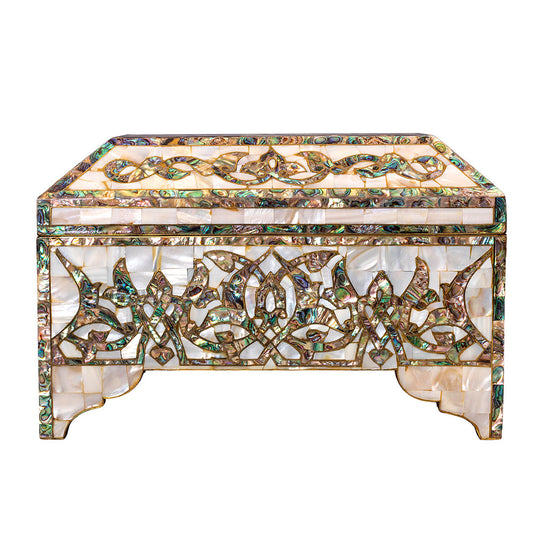 Egyptian jewelry box inlaid with mother of pearl and Brass