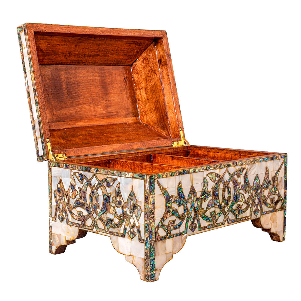 Egyptian jewelry box inlaid with mother of pearl and Brass
