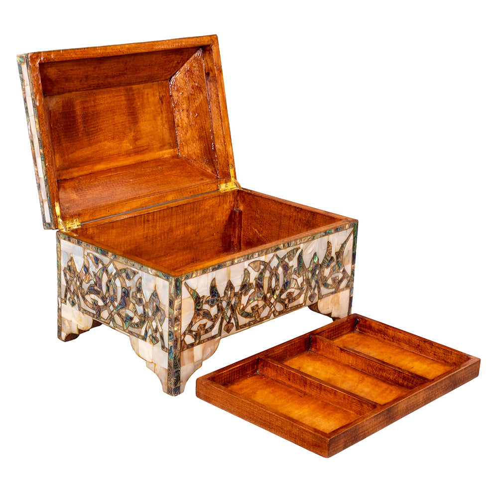 Egyptian jewelry box inlaid with mother of pearl and Brass