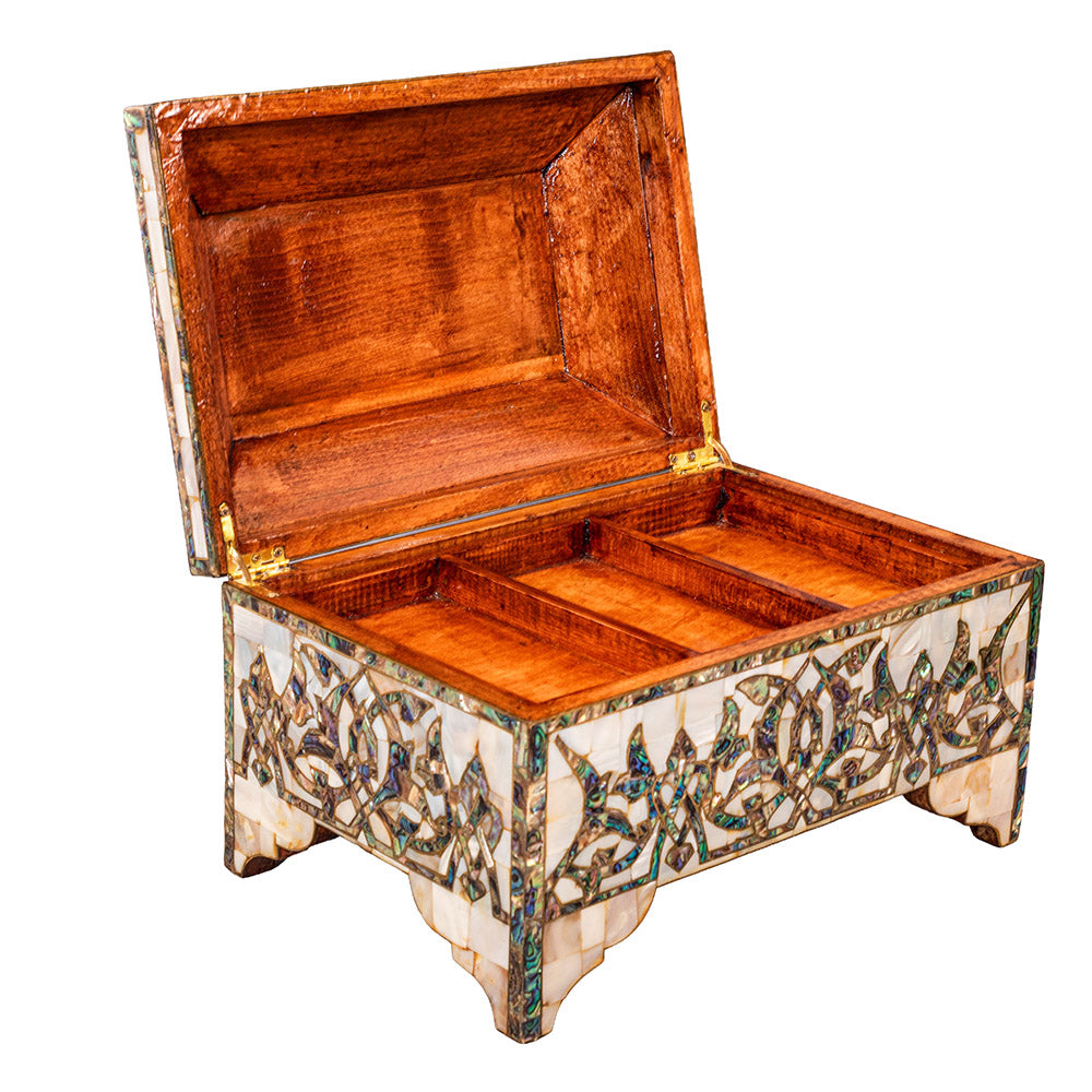Egyptian jewelry box inlaid with mother of pearl and Brass