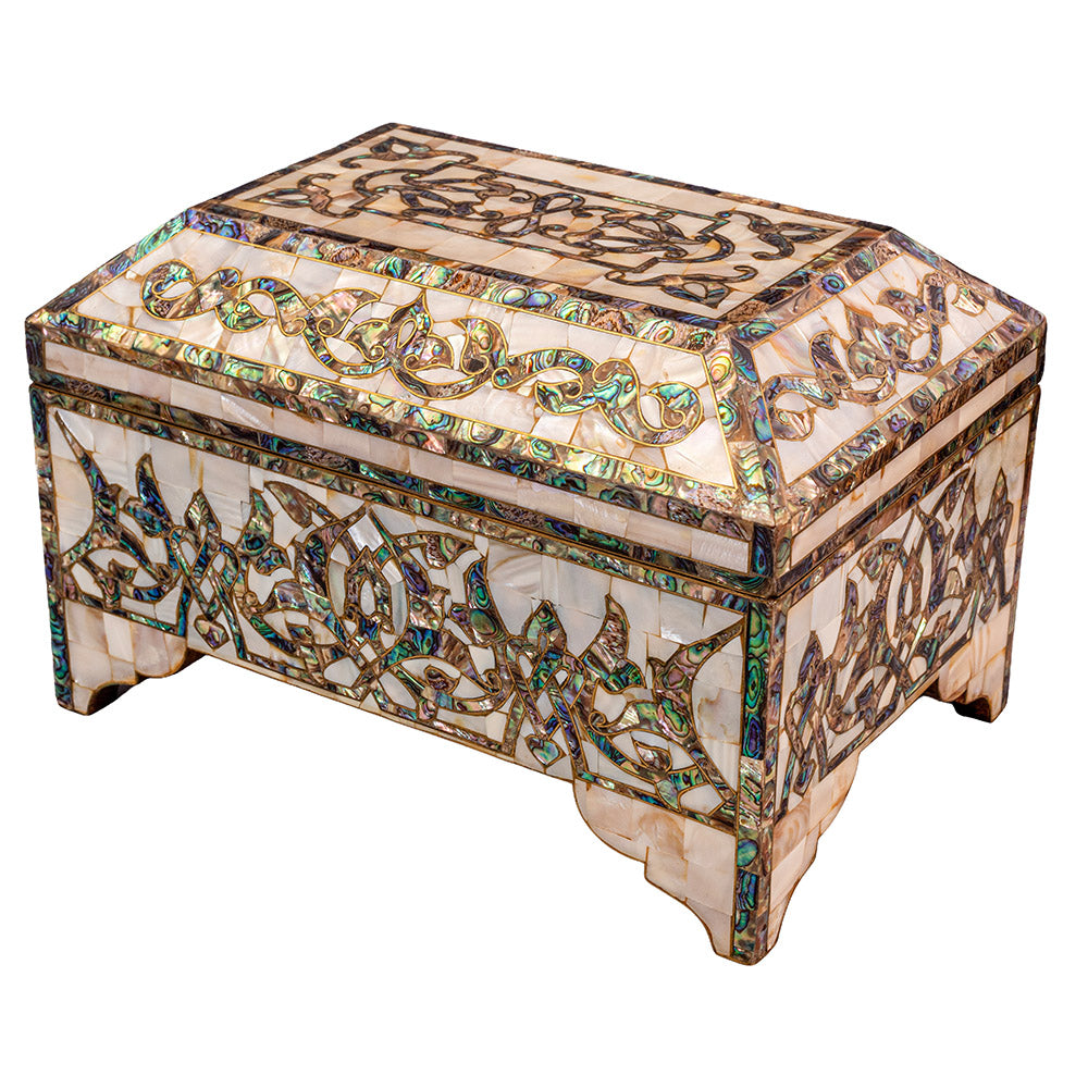 Egyptian jewelry box inlaid with mother of pearl and Brass