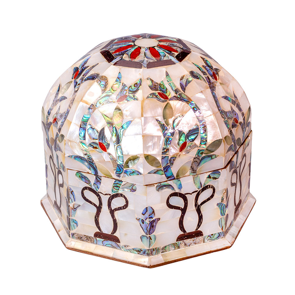 Egyptian jewelry box inlaid with mother of pearl and Brass