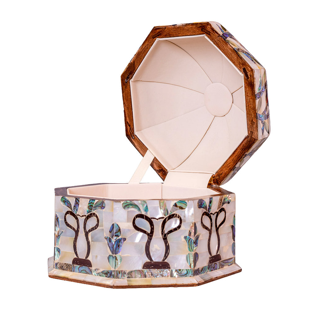 Egyptian jewelry box inlaid with mother of pearl and Brass