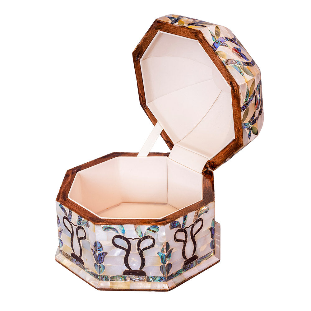 Egyptian jewelry box inlaid with mother of pearl and Brass