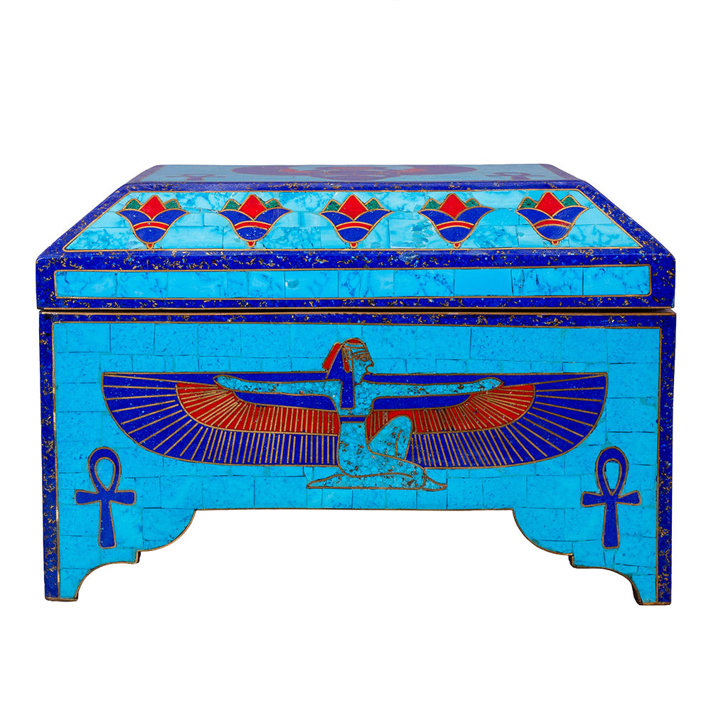 Egyptian pharonic jewelry box inlaid with jemstones lapis lazuli,turquoise,coral,Malachite,blue mother of pearl and brass made in egypt