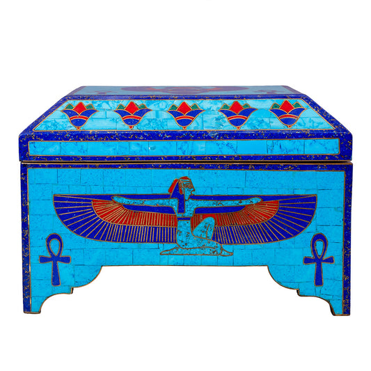 Egyptian pharonic jewelry box inlaid with jemstones lapis lazuli,turquoise,coral,Malachite,blue mother of pearl and brass made in egypt