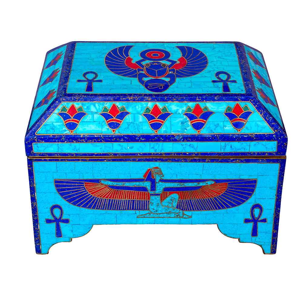 Egyptian pharonic jewelry box inlaid with jemstones lapis lazuli,turquoise,coral,Malachite,blue mother of pearl and brass made in egypt