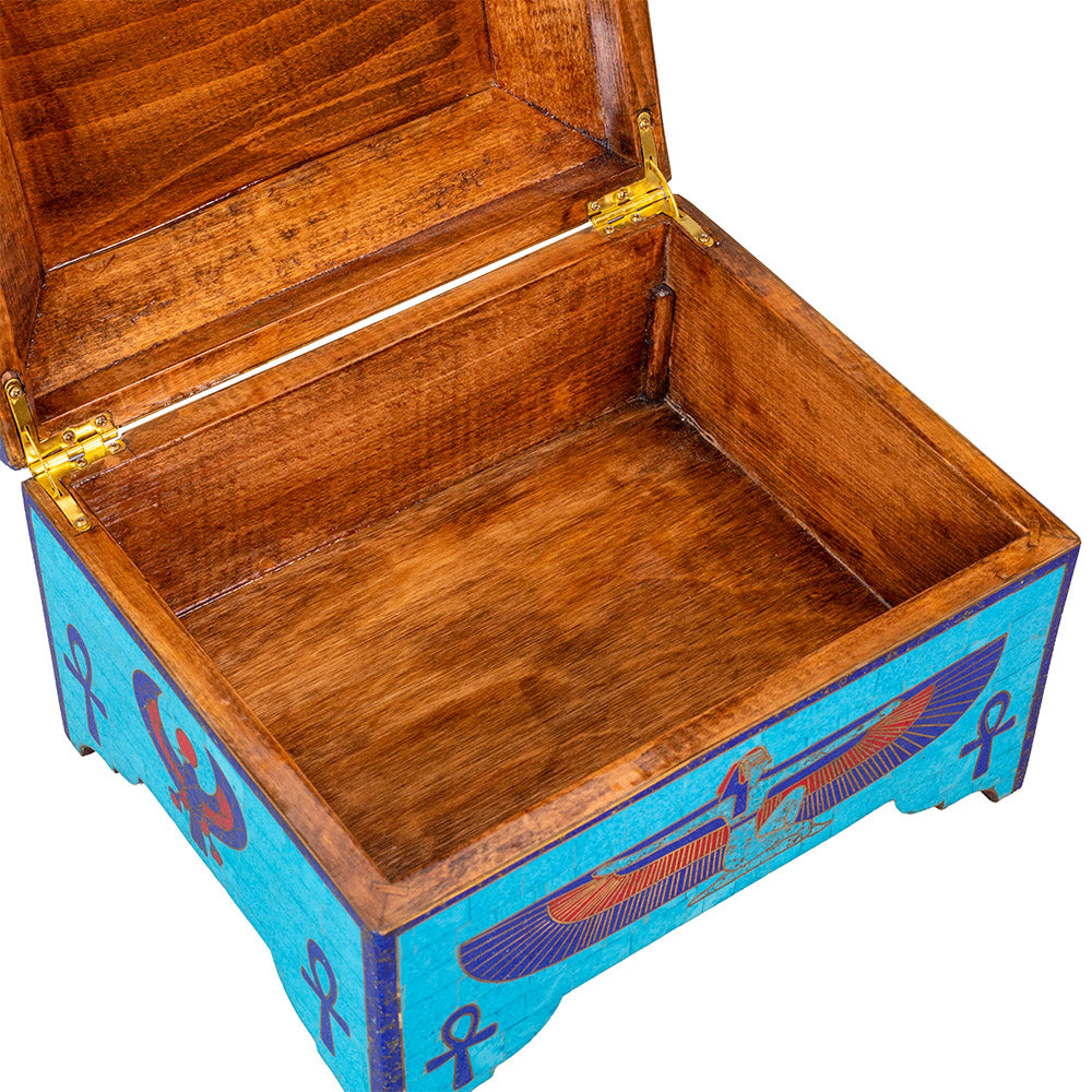 Egyptian pharonic jewelry box inlaid with jemstones lapis lazuli,turquoise,coral,Malachite,blue mother of pearl and brass made in egypt
