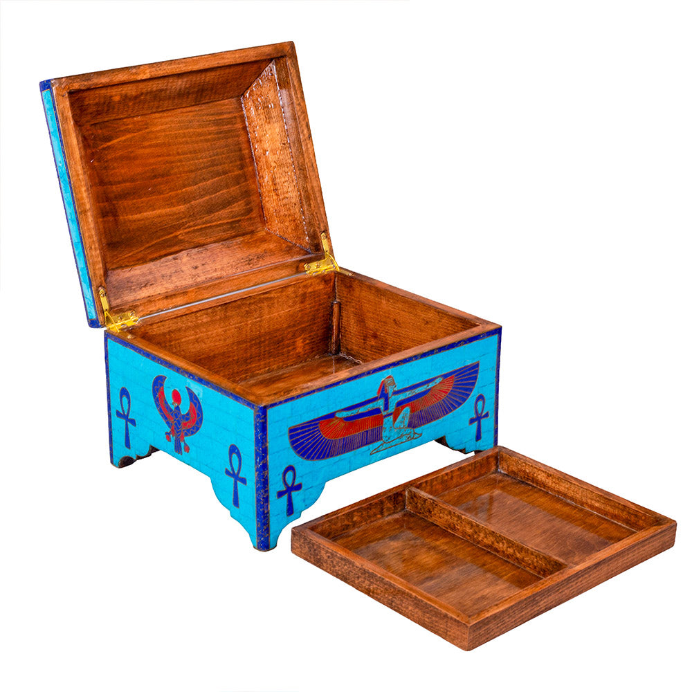 Egyptian pharonic jewelry box inlaid with jemstones lapis lazuli,turquoise,coral,Malachite,blue mother of pearl and brass made in egypt