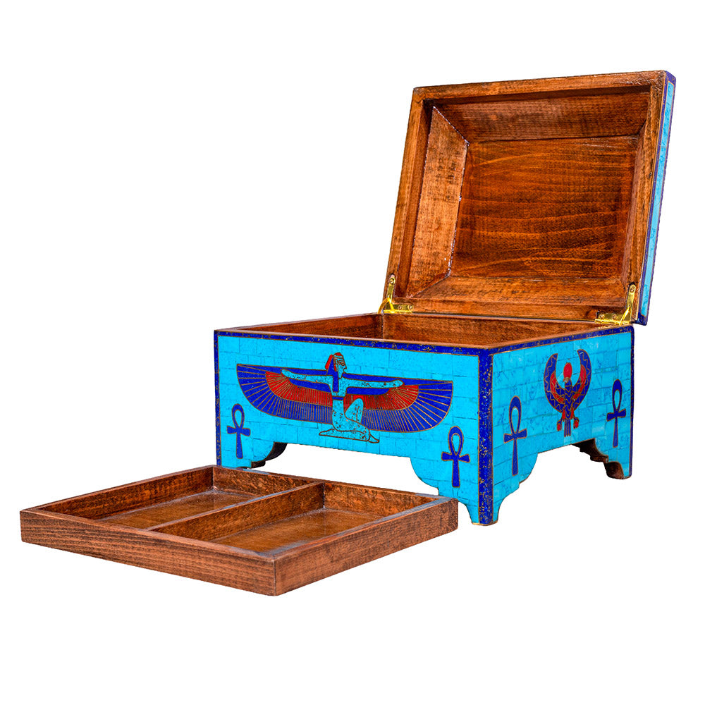 Egyptian pharonic jewelry box inlaid with jemstones lapis lazuli,turquoise,coral,Malachite,blue mother of pearl and brass made in egypt