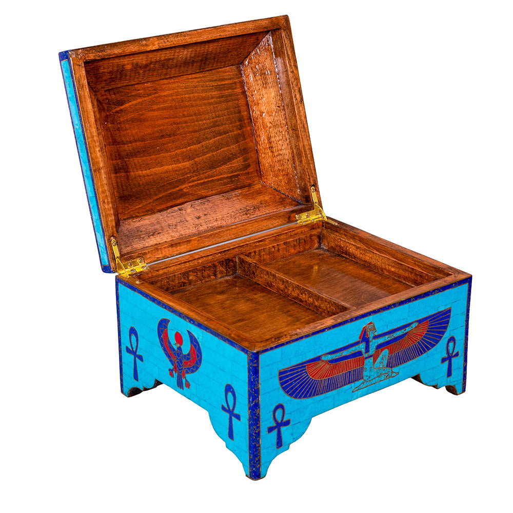 Egyptian pharonic jewelry box inlaid with jemstones lapis lazuli,turquoise,coral,Malachite,blue mother of pearl and brass made in egypt