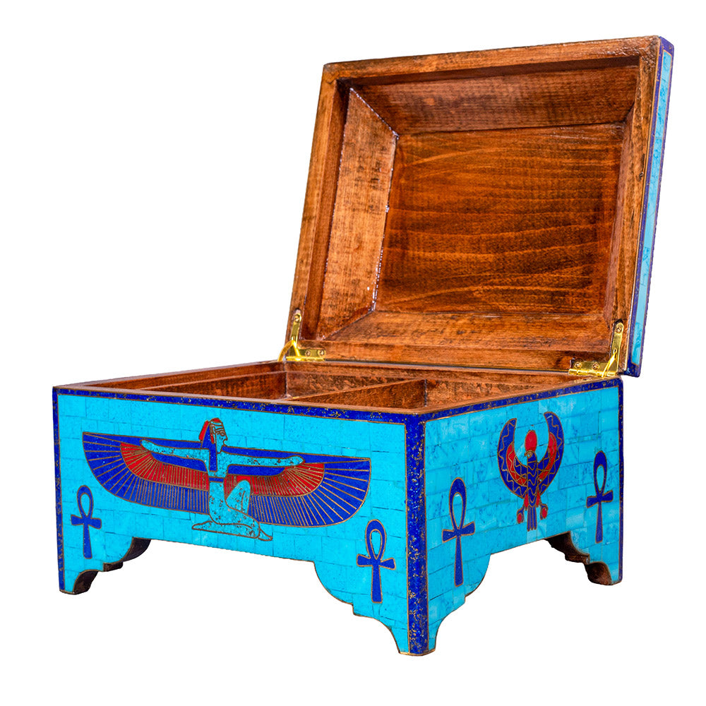 Egyptian pharonic jewelry box inlaid with jemstones lapis lazuli,turquoise,coral,Malachite,blue mother of pearl and brass made in egypt