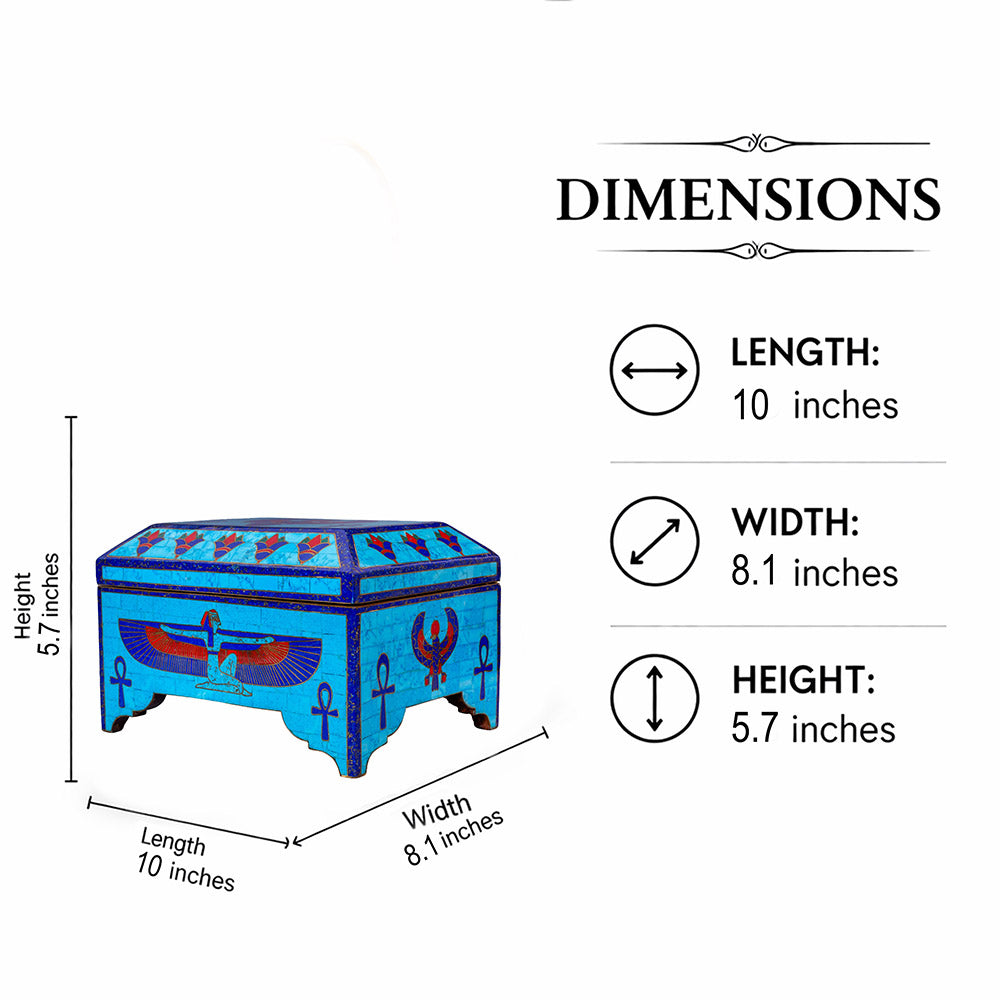 Egyptian pharonic jewelry box inlaid with jemstones lapis lazuli,turquoise,coral,Malachite,blue mother of pearl and brass made in egypt