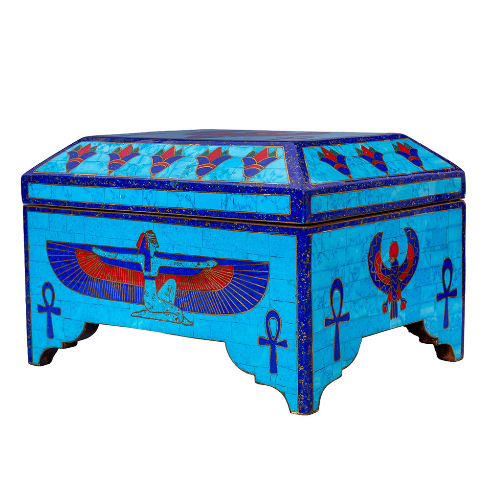 Egyptian pharonic jewelry box inlaid with jemstones lapis lazuli,turquoise,coral,Malachite,blue mother of pearl and brass made in egypt
