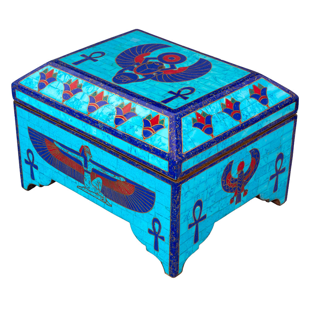 Egyptian pharonic jewelry box inlaid with jemstones lapis lazuli,turquoise,coral,Malachite,blue mother of pearl and brass made in egypt