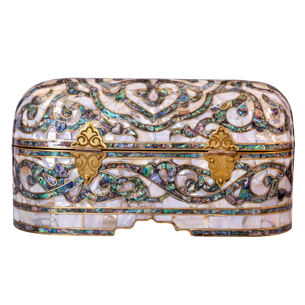 Egyptian jewelry box inlaid with mother of pearl and Brass