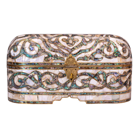 Egyptian jewelry box inlaid with mother of pearl and Brass