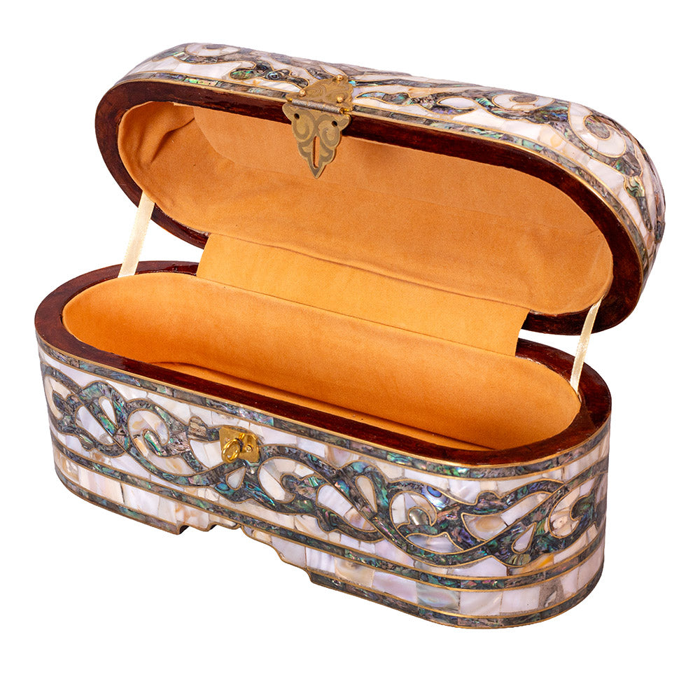 Egyptian jewelry box inlaid with mother of pearl and Brass