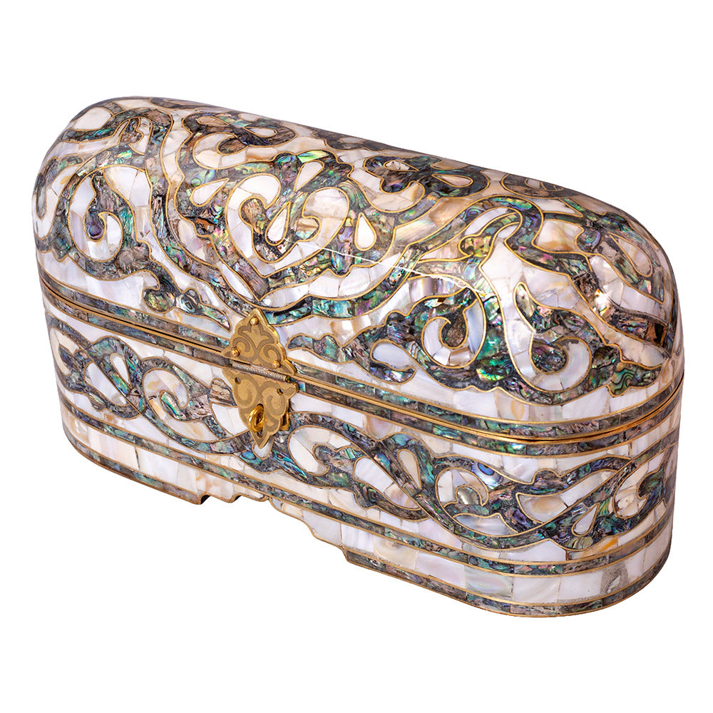 Egyptian jewelry box inlaid with mother of pearl and Brass
