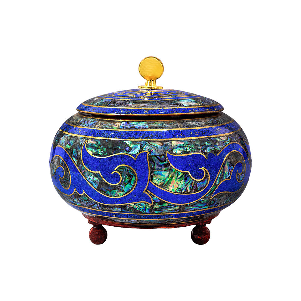 Egyptian jewelry box inlaid with jemstones lapis lazuli, blue mother of pearl  and brass made in egypt