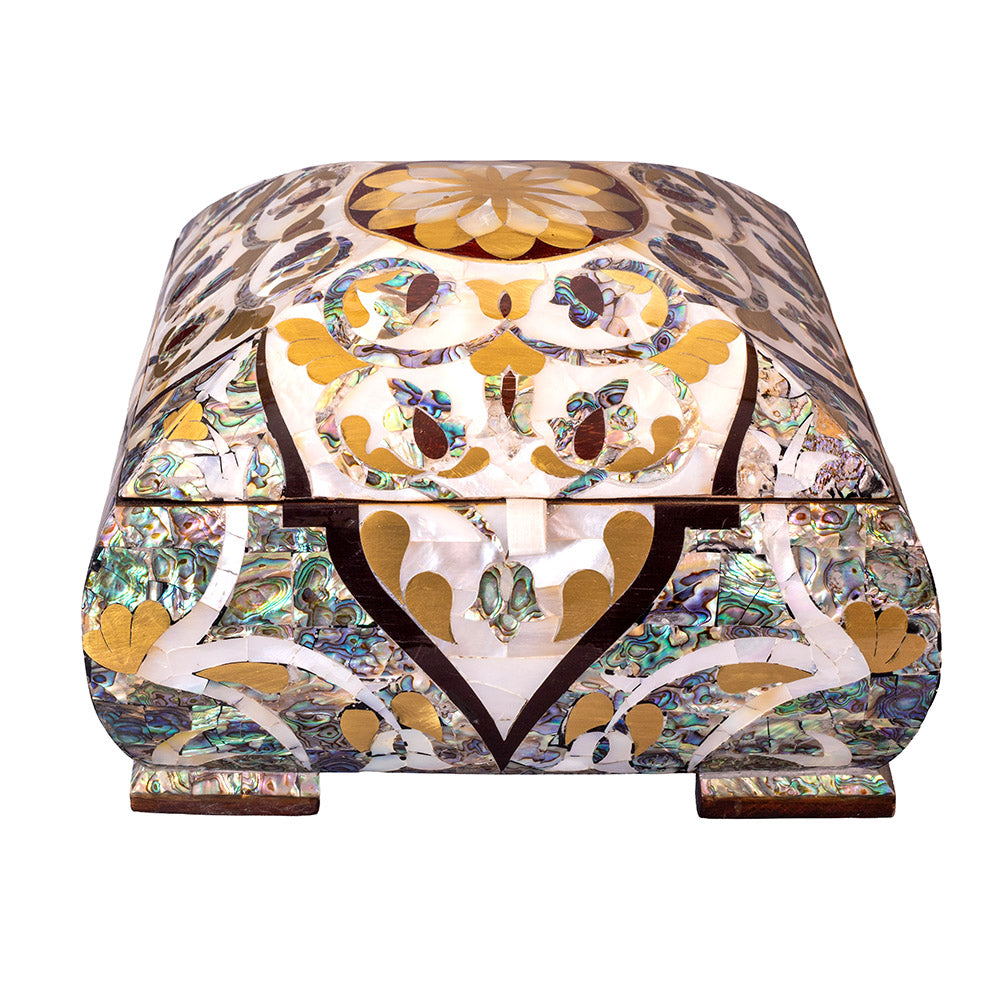Egyptian jewelry box inlaid with mother of pearl and Brass
