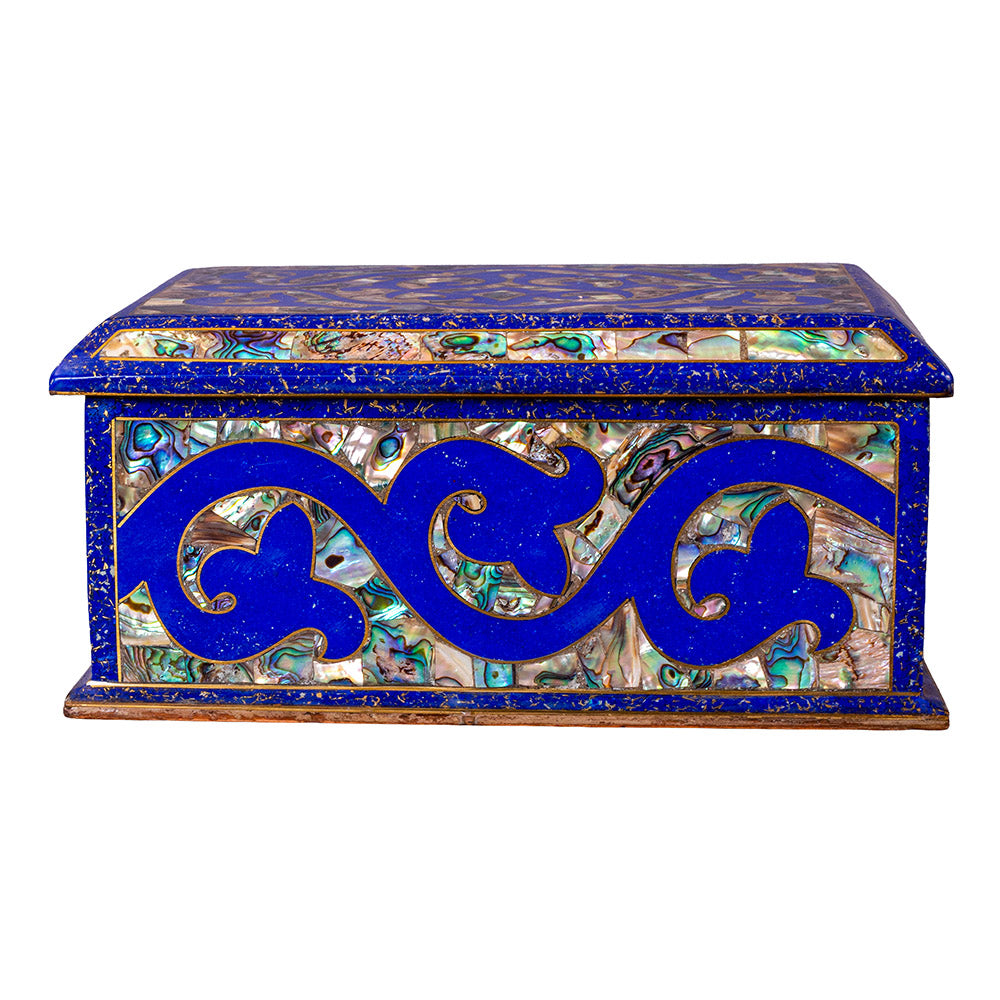 Egyptian jewelry box inlaid with jemstones lapis lazuli, blue mother of pearl  and brass made in egypt