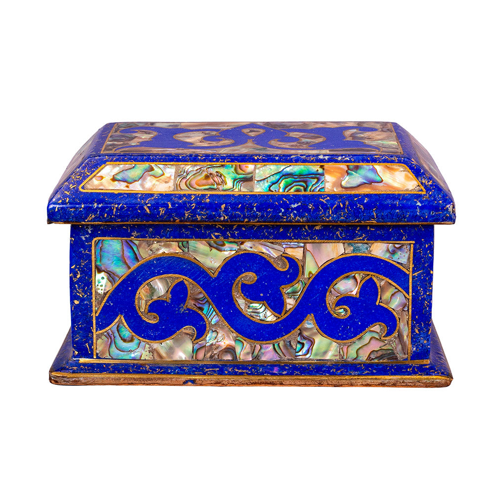 Egyptian jewelry box inlaid with jemstones lapis lazuli, blue mother of pearl  and brass made in egypt