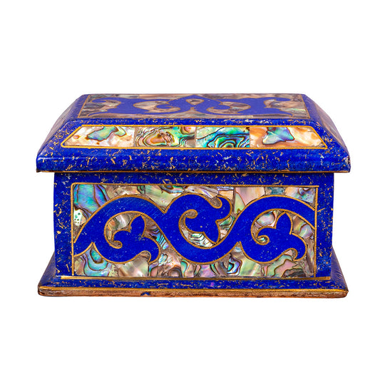 Egyptian jewelry box inlaid with jemstones lapis lazuli, blue mother of pearl  and brass made in egypt