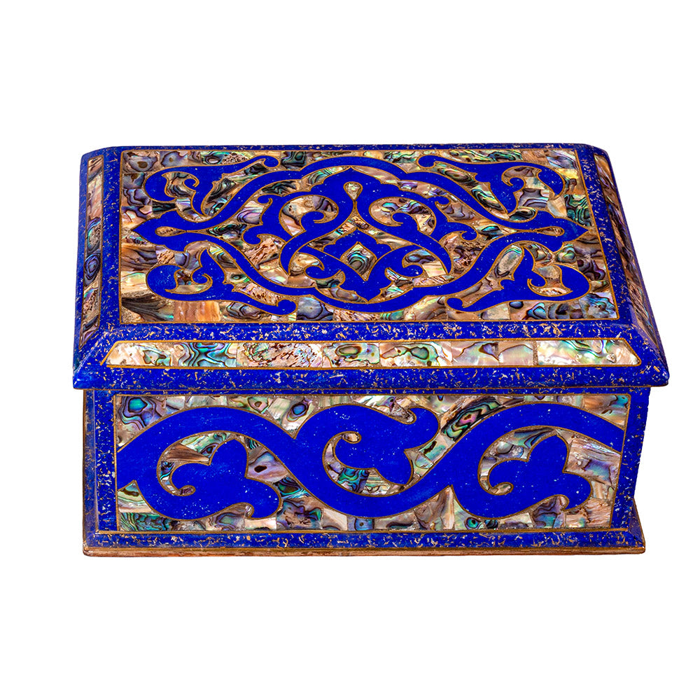 Egyptian jewelry box inlaid with jemstones lapis lazuli, blue mother of pearl  and brass made in egypt