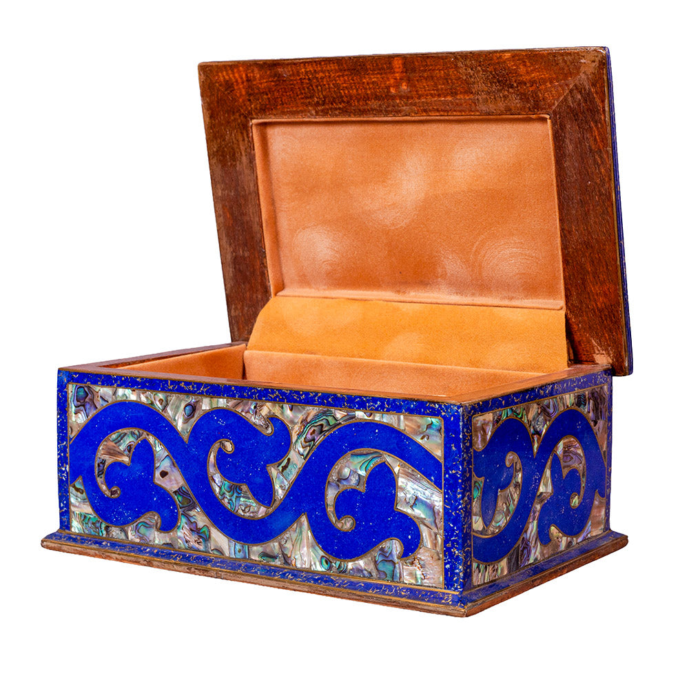 Egyptian jewelry box inlaid with jemstones lapis lazuli, blue mother of pearl  and brass made in egypt