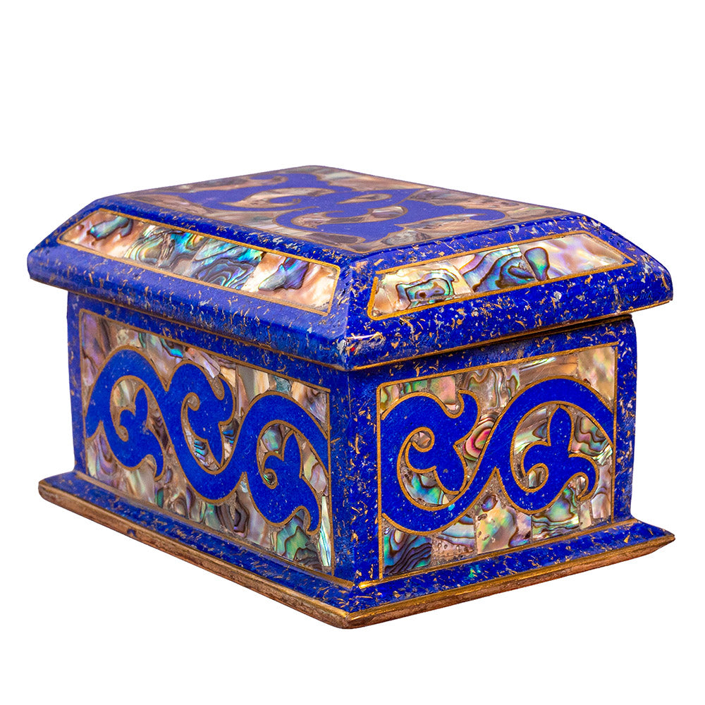 Egyptian jewelry box inlaid with jemstones lapis lazuli, blue mother of pearl  and brass made in egypt