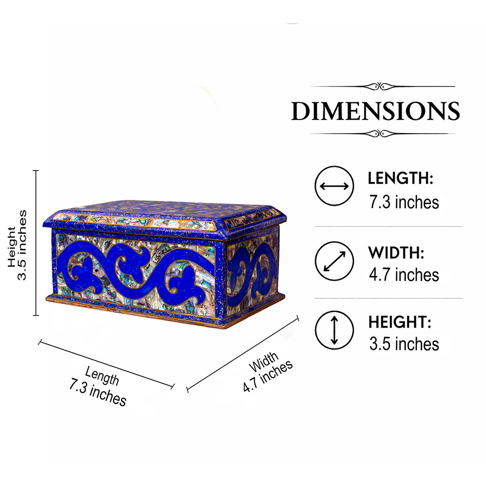 Egyptian jewelry box inlaid with jemstones lapis lazuli, blue mother of pearl  and brass made in egypt
