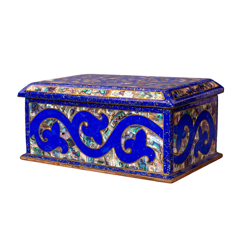 Egyptian jewelry box inlaid with jemstones lapis lazuli, blue mother of pearl  and brass made in egypt