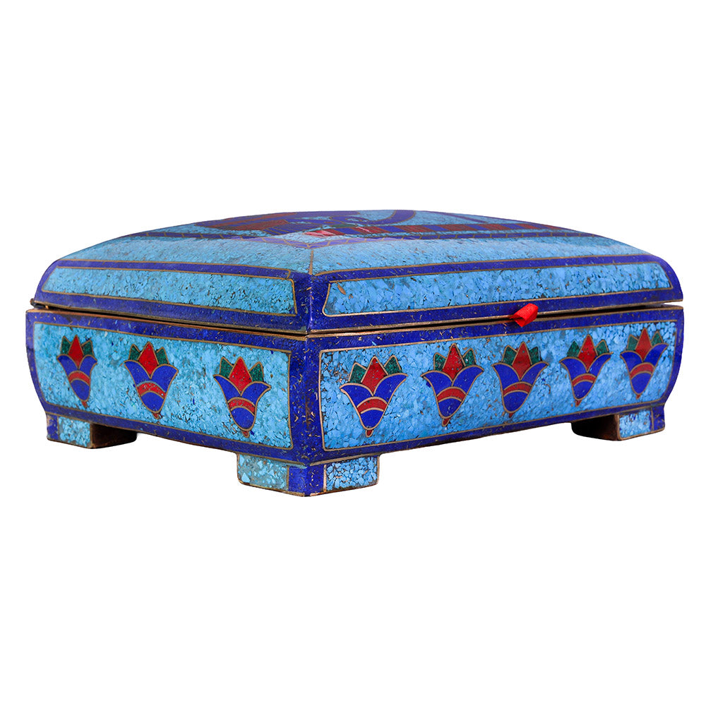 Egyptian pharonic jewelry box inlaid with jemstones lapis lazuli,turquoise,coral,Malachite,blue mother of pearl and brass made in egypt