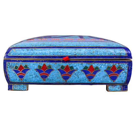 Egyptian pharonic jewelry box inlaid with jemstones lapis lazuli,turquoise,coral,Malachite,blue mother of pearl and brass made in egypt
