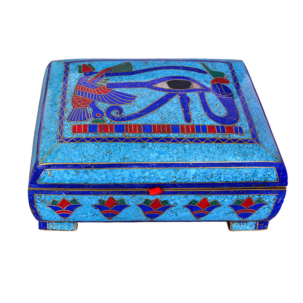 Egyptian pharonic jewelry box inlaid with jemstones lapis lazuli,turquoise,coral,Malachite,blue mother of pearl and brass made in egypt