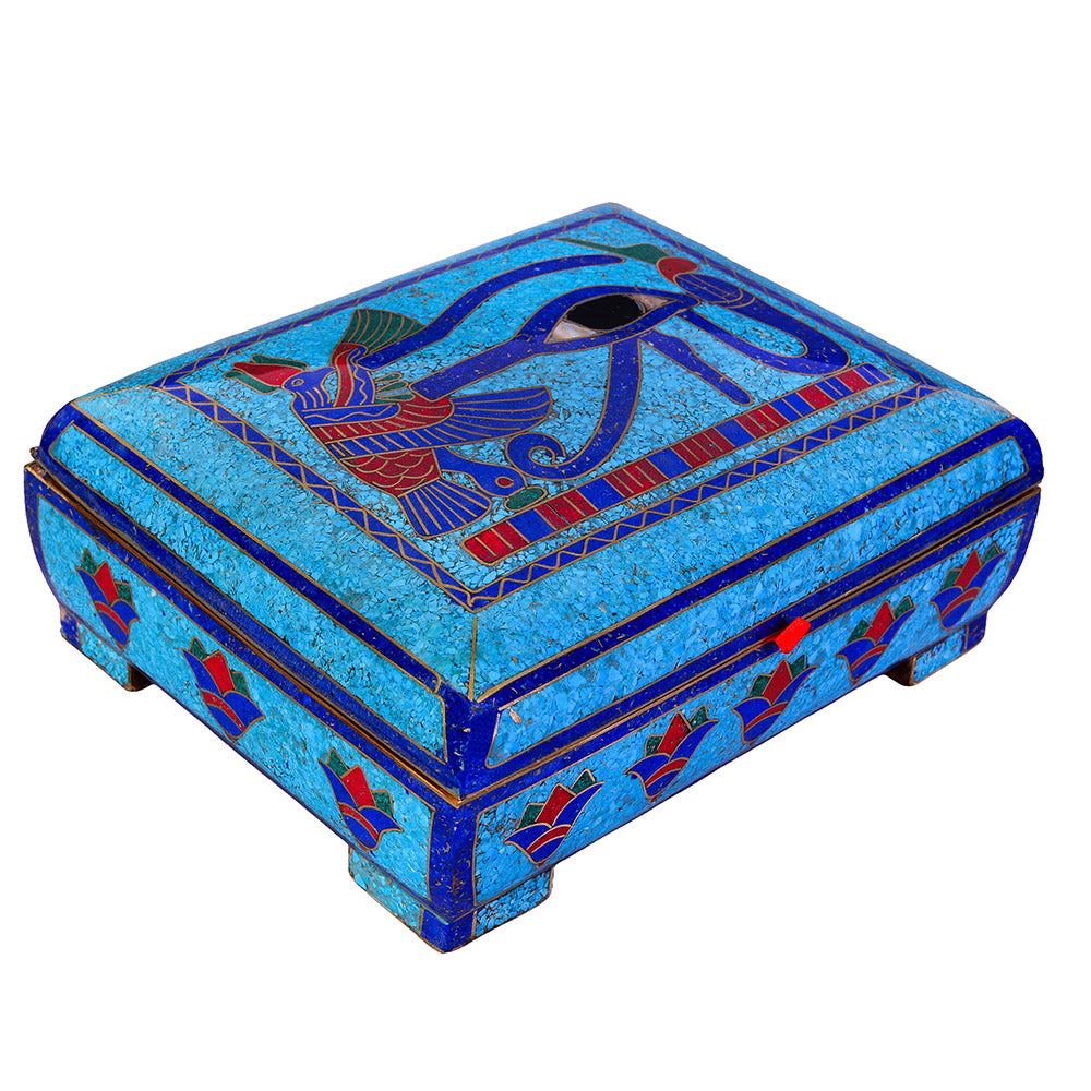 Egyptian pharonic jewelry box inlaid with jemstones lapis lazuli,turquoise,coral,Malachite,blue mother of pearl and brass made in egypt