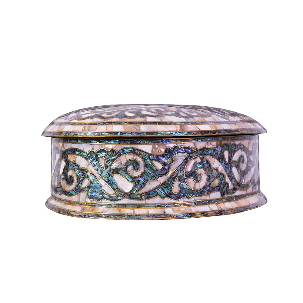 Egyptian jewelry box inlaid with mother of pearl and Brass