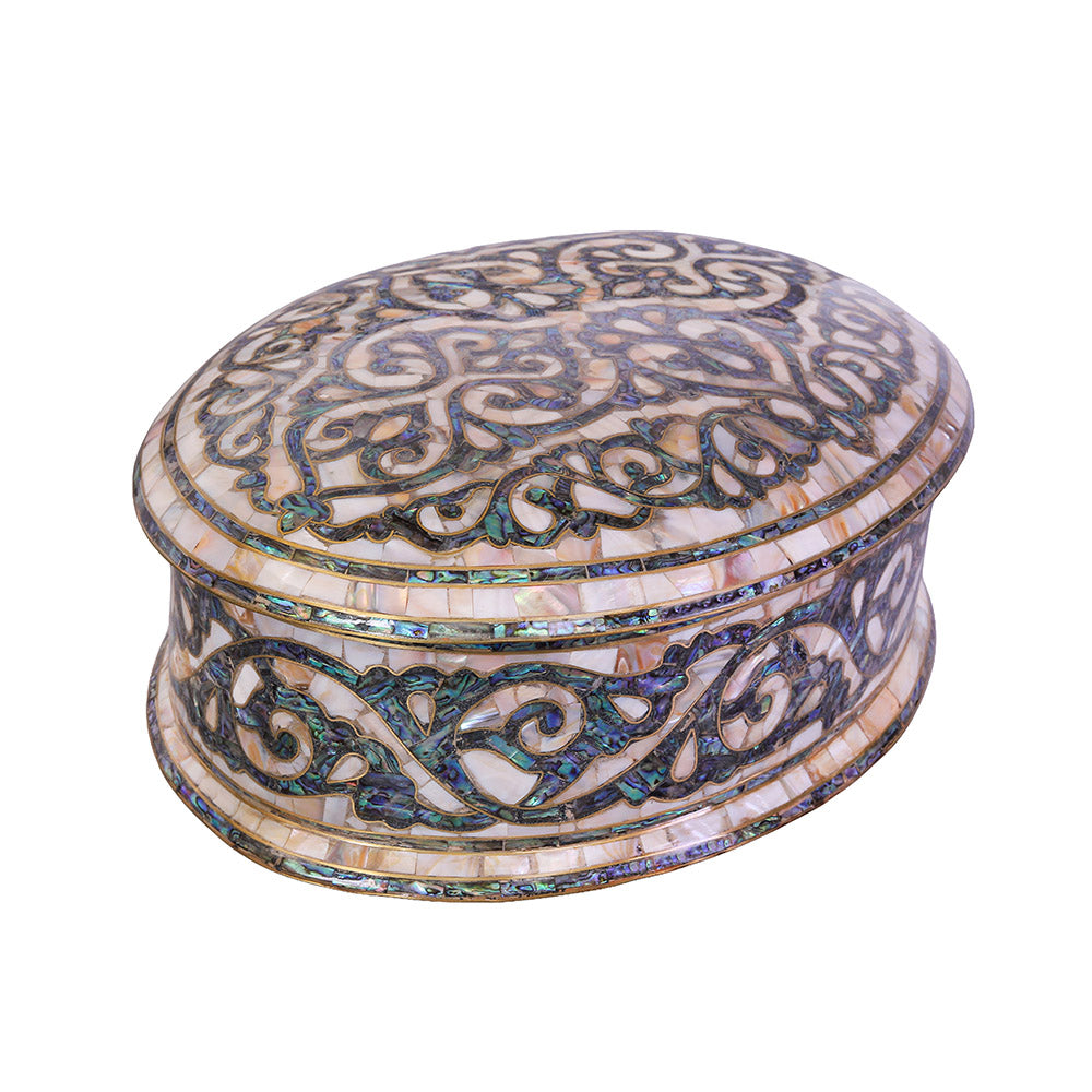 Egyptian jewelry box inlaid with mother of pearl and Brass