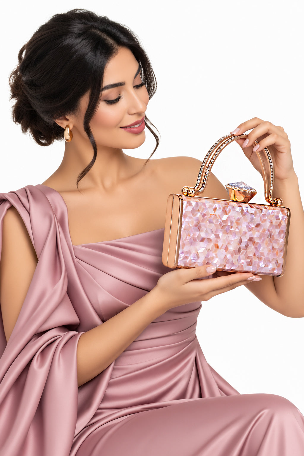 Unique Clutch Bag Mother of pearl. evening glam Accessory and Gold Chain