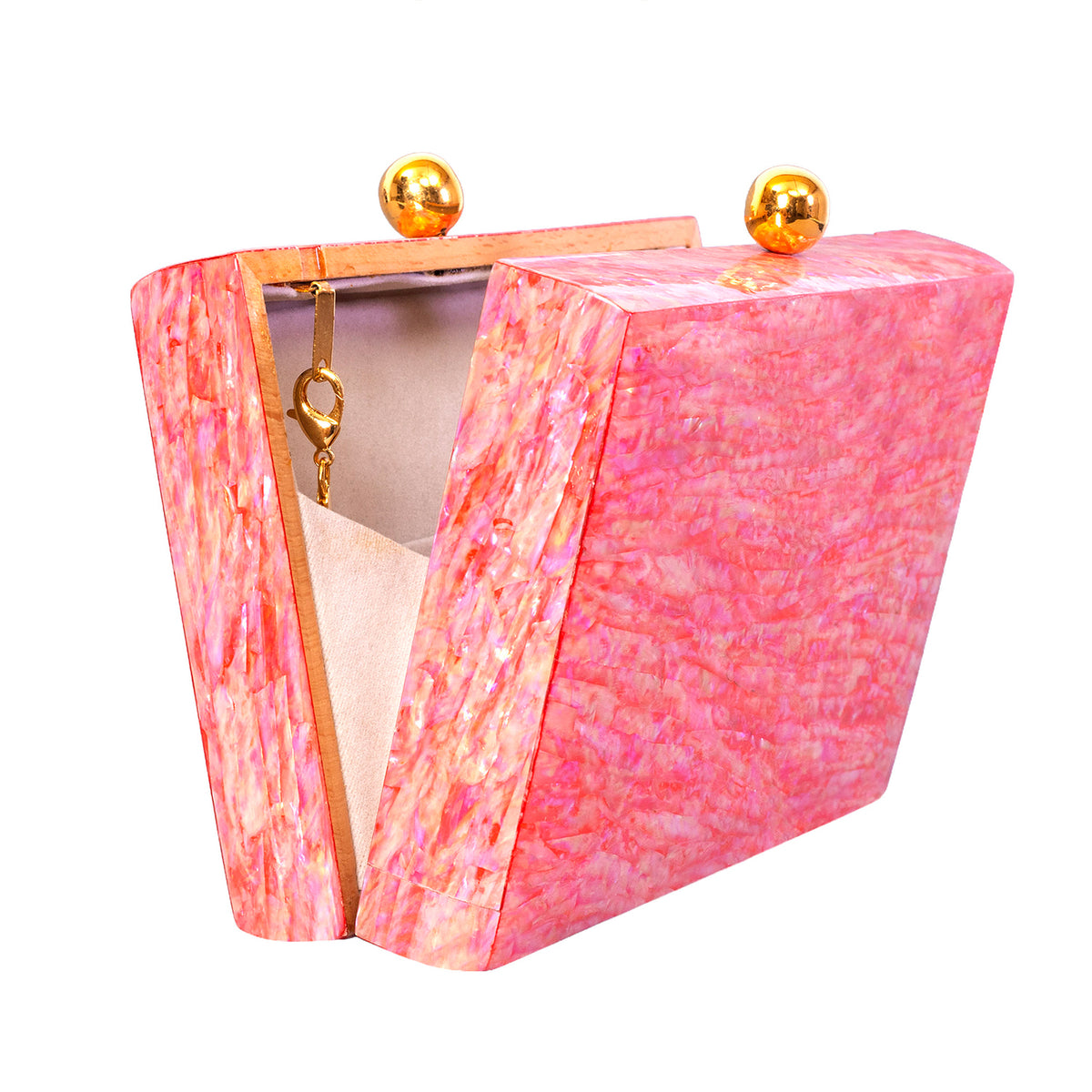 Unique Clutch Bag in Mother of pearl - Shoulder Bag - evening glam Accessory and Gold Chain