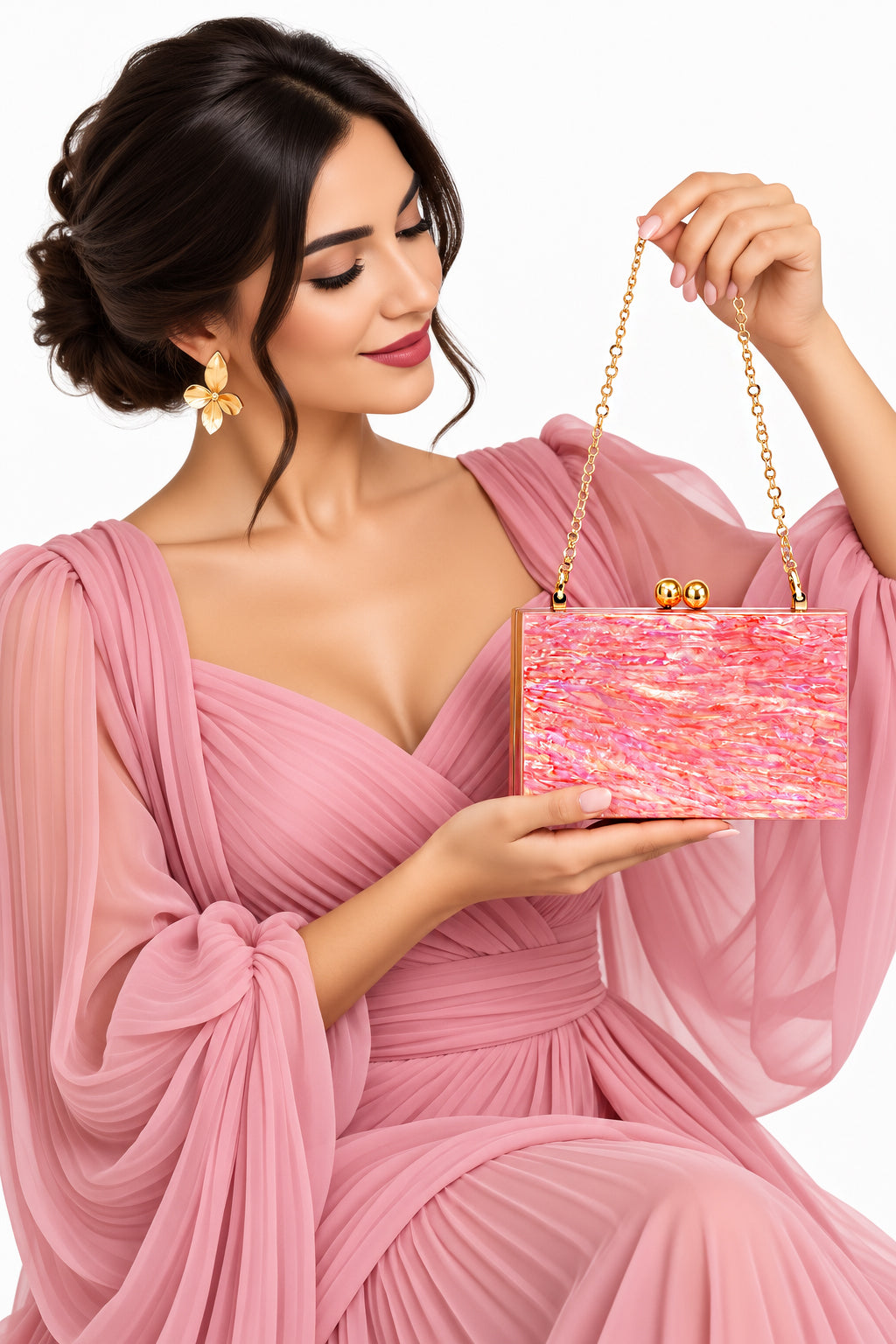 Unique Clutch Bag in Mother of pearl - Shoulder Bag - evening glam Accessory and Gold Chain