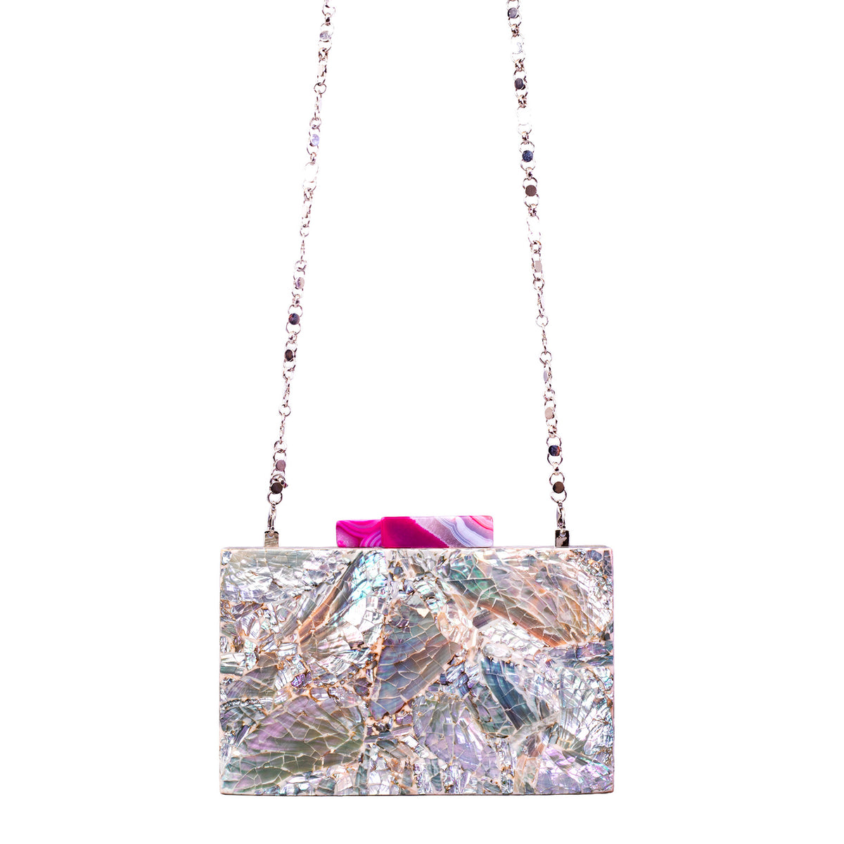 Unique Clutch Bag in Mother of pearl - Shoulder Bag - evening glam Accessory and Gold Chain