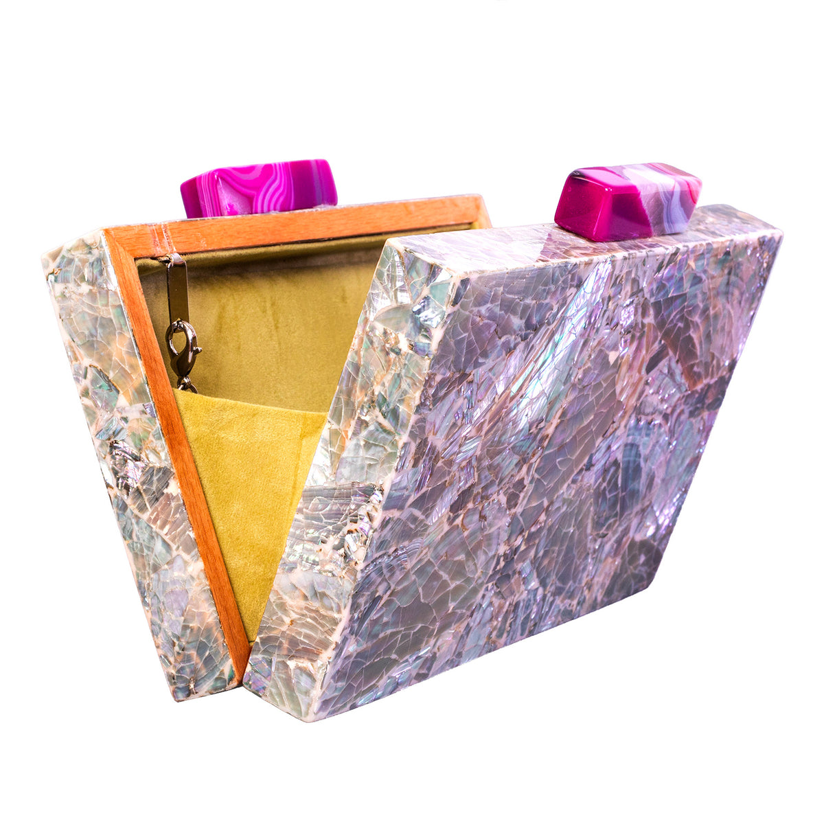 Unique Clutch Bag in Mother of pearl - Shoulder Bag - evening glam Accessory and Gold Chain