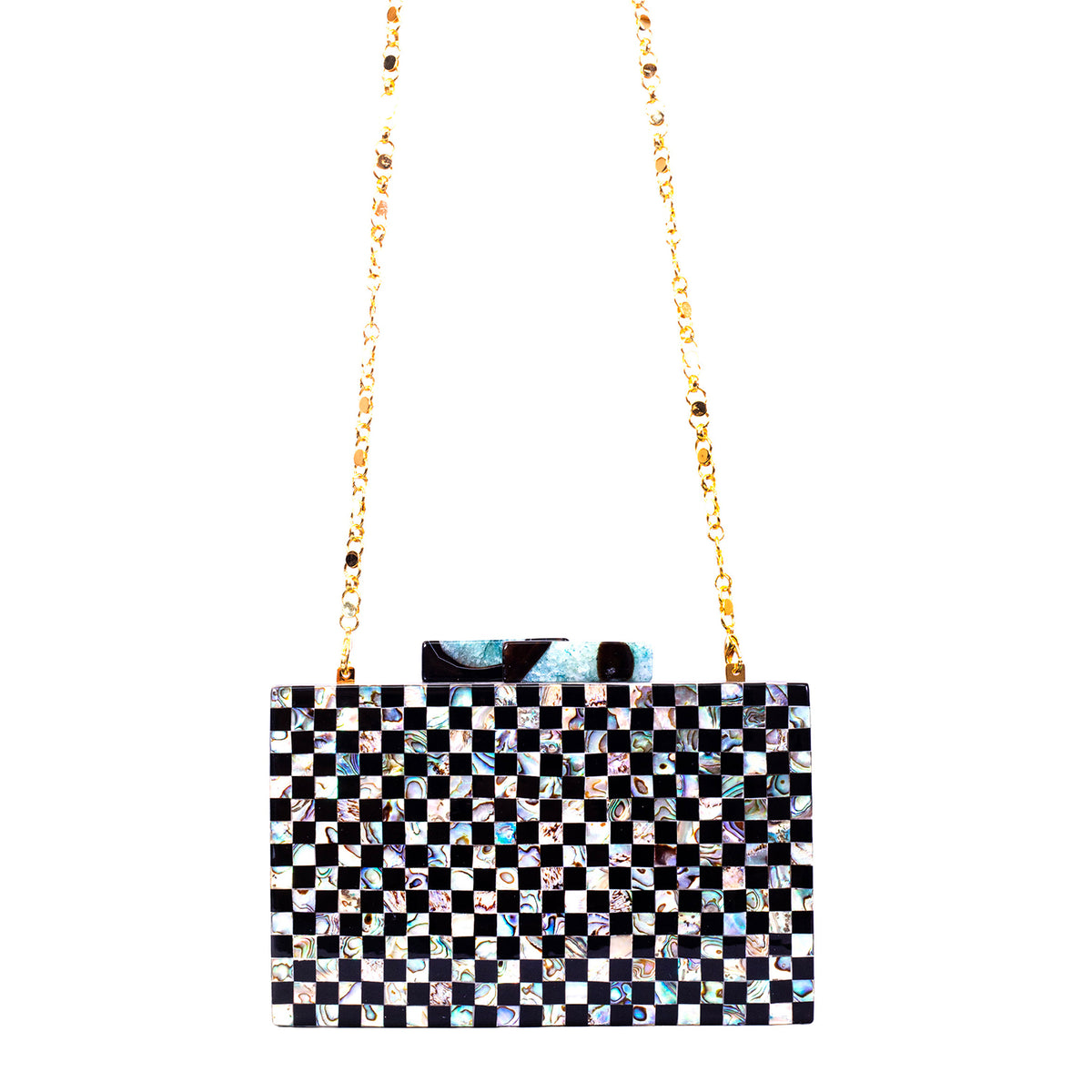 Unique Clutch Bag in Mother of pearl - Shoulder Bag - evening glam Accessory and Gold Chain