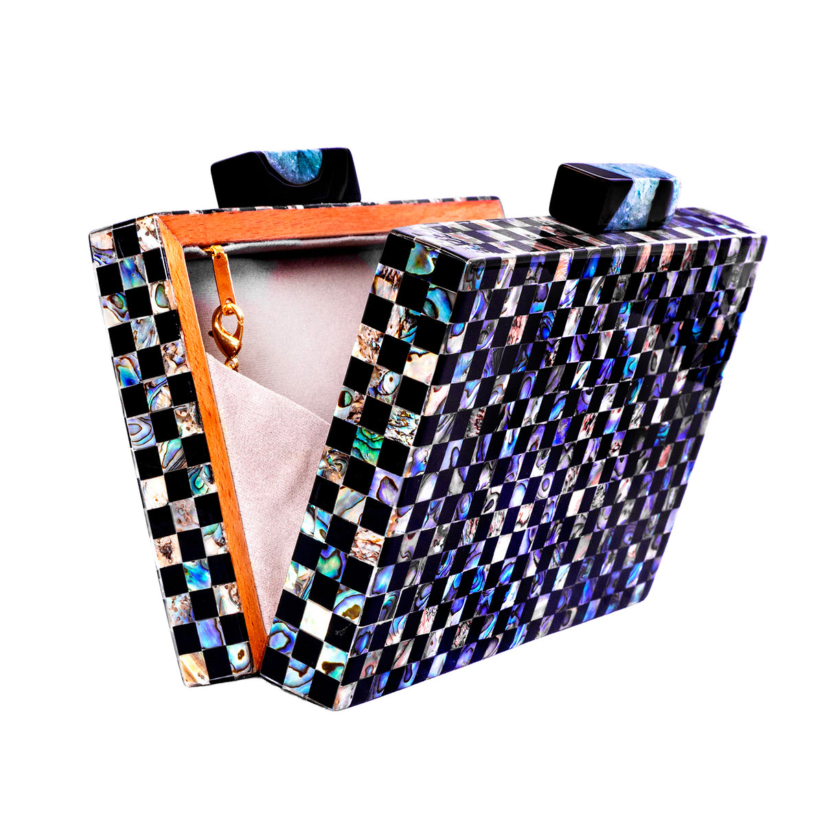 Unique Clutch Bag in Mother of pearl - Shoulder Bag - evening glam Accessory and Gold Chain