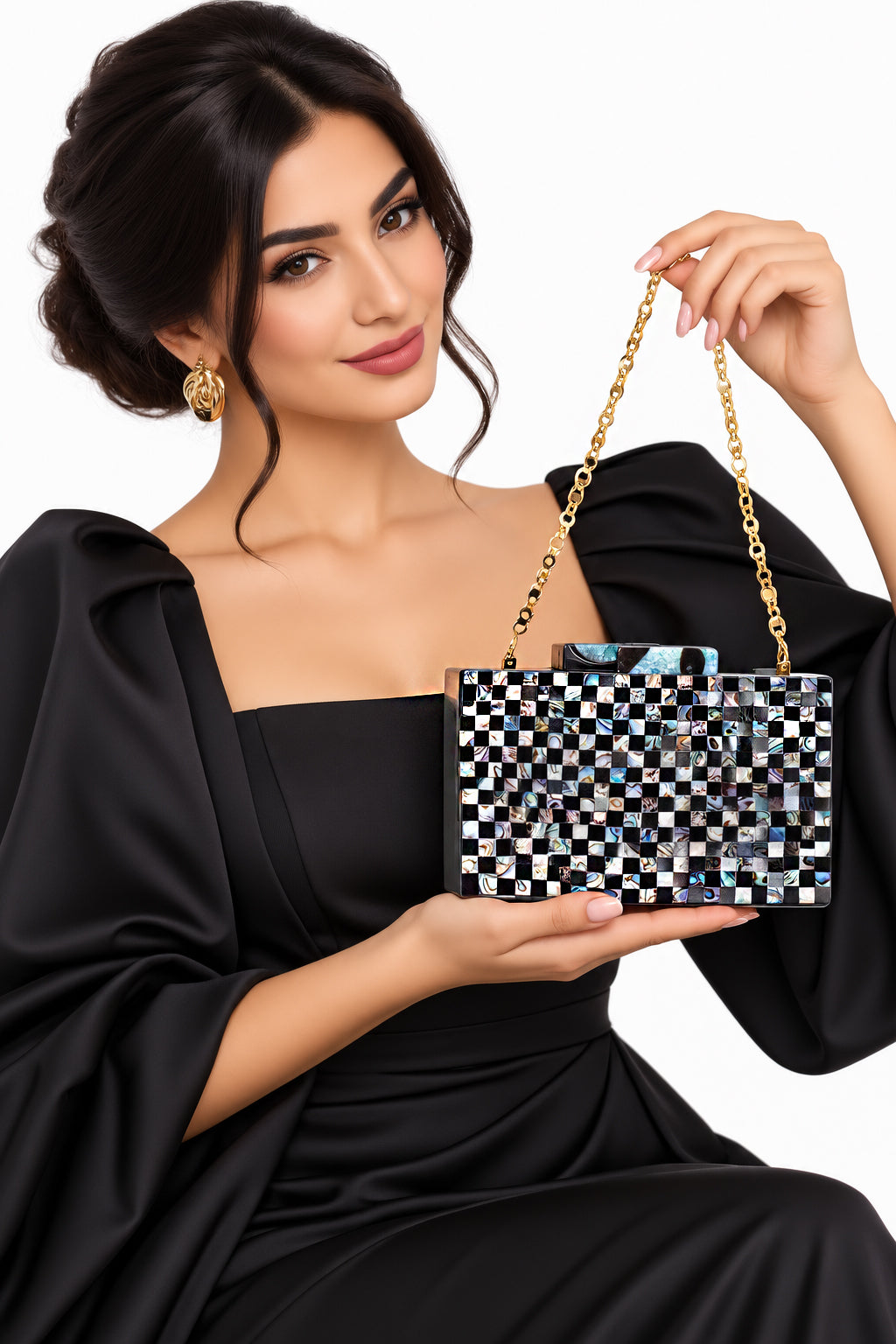 Unique Clutch Bag in Mother of pearl - Shoulder Bag - evening glam Accessory and Gold Chain
