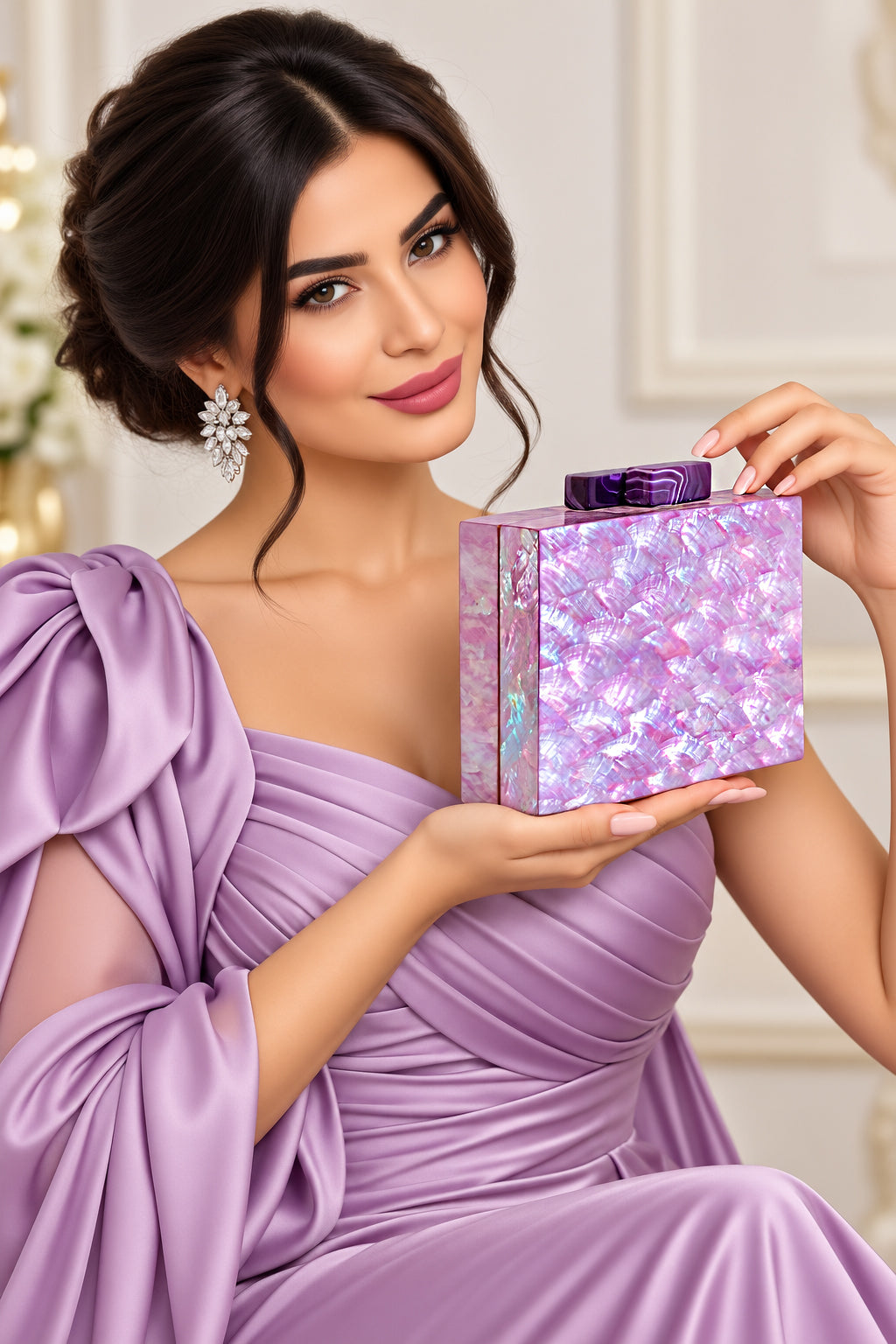 Unique Clutch Bag in Mother of pearl - Shoulder Bag - evening glam Accessory and Gold Chain