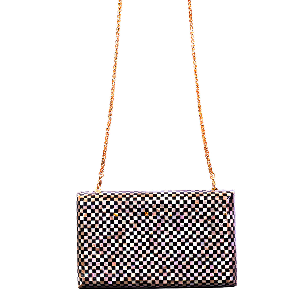 Unique Clutch Bag in Mother of pearl - Shoulder Bag - evening glam Accessory and Gold Chain