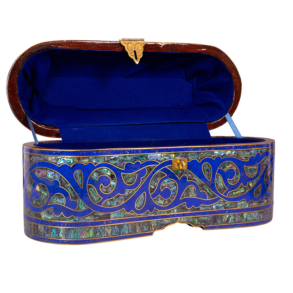 Egyptian jewelry box inlaid with jemstones lapis lazuli, blue mother of pearl  and brass made in egypt